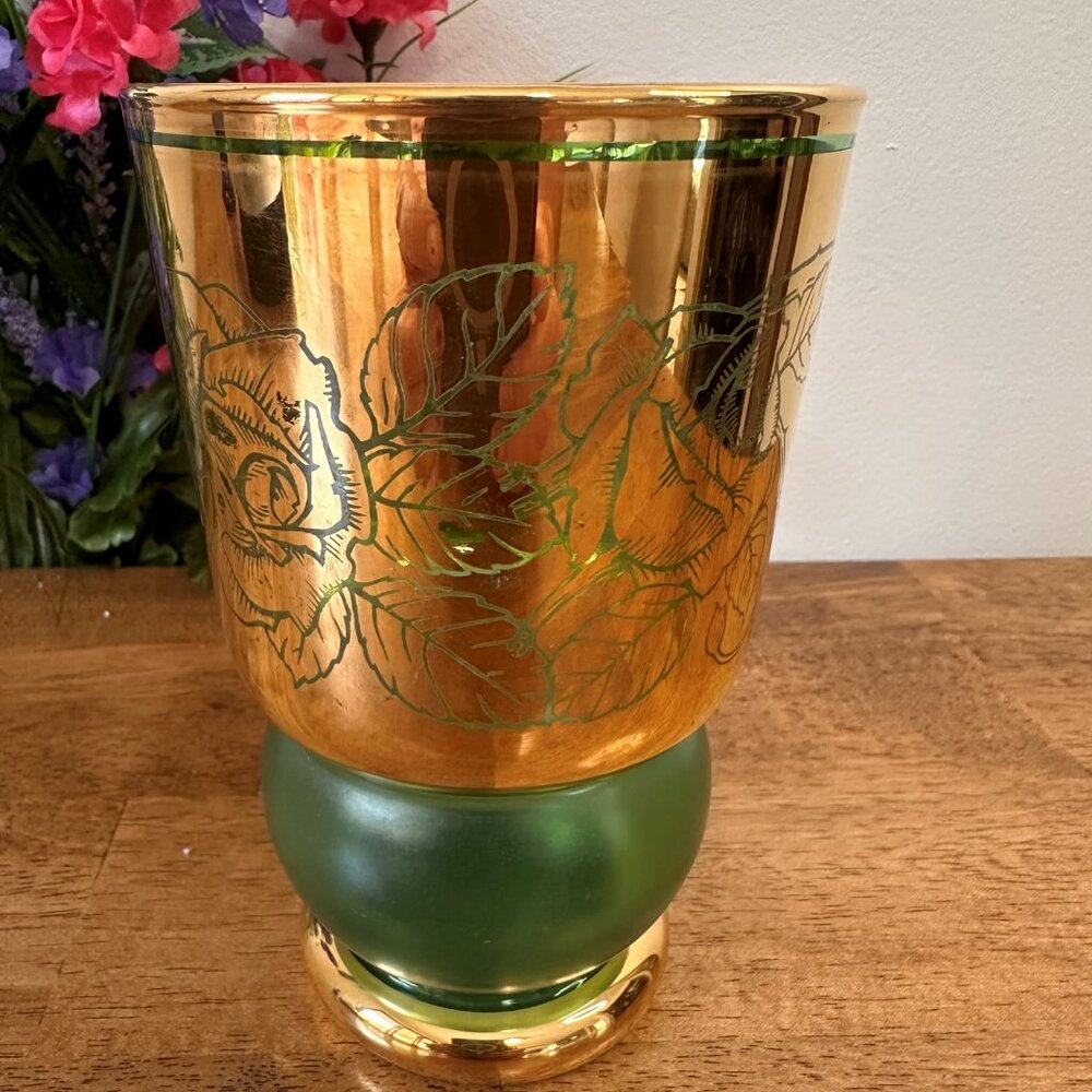 Vintage Gold Overlay Green Glass Vase Etched Floral Design MCM Home‎ Decor
